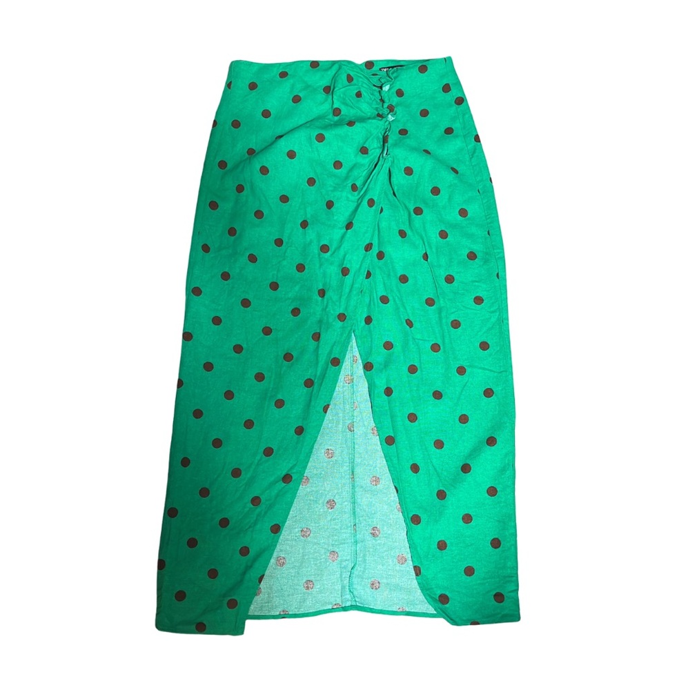 High-Waist Ruffled Slit Green LINEN BLEND Brown POLKA DOT Skirt sz Med